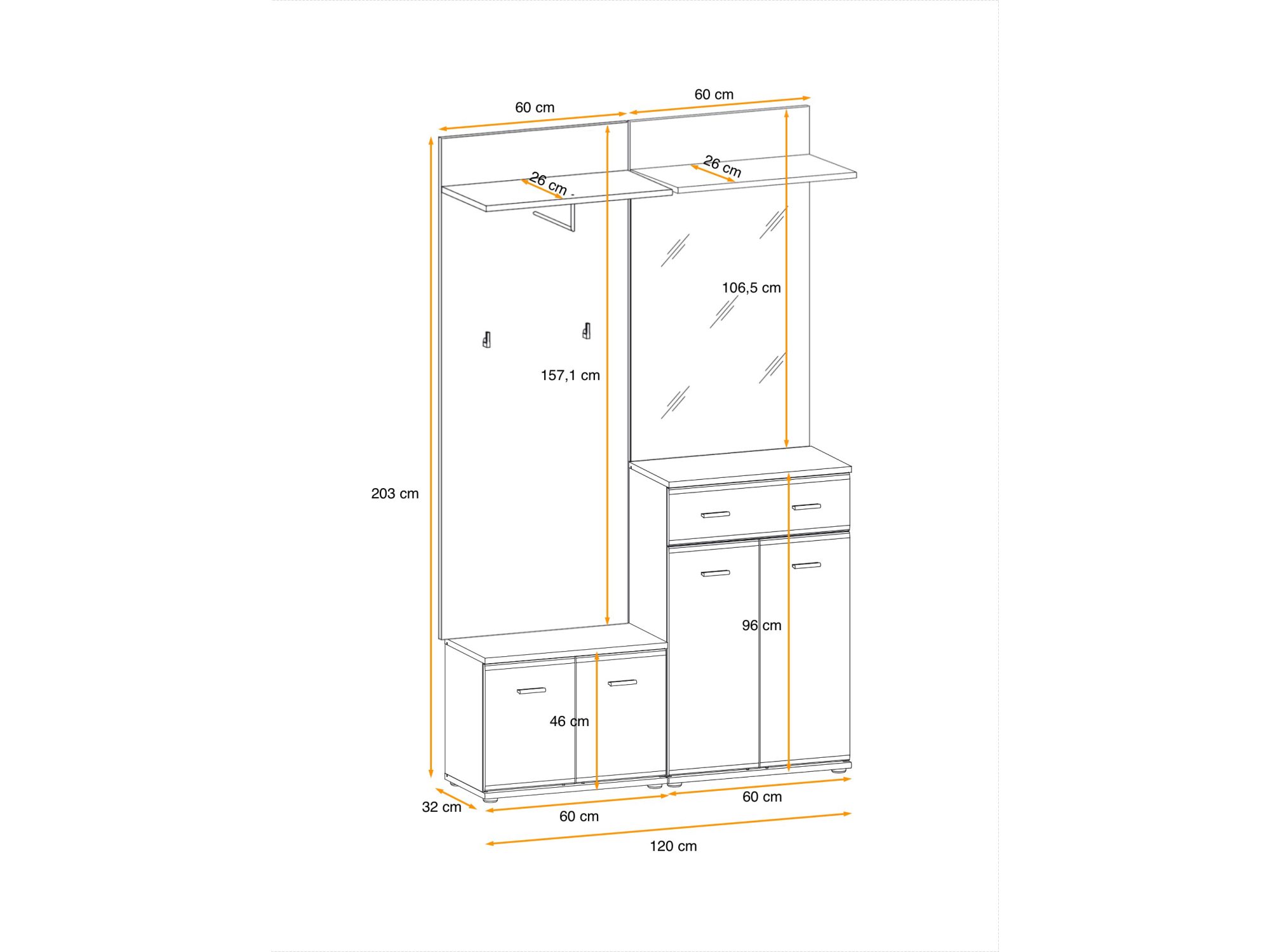 Předsíňová sestava s čalouněným panelem, zrcadlem a sedákem Arvello 120 cm dub sonoma – nákres s rozměry, pohled 2