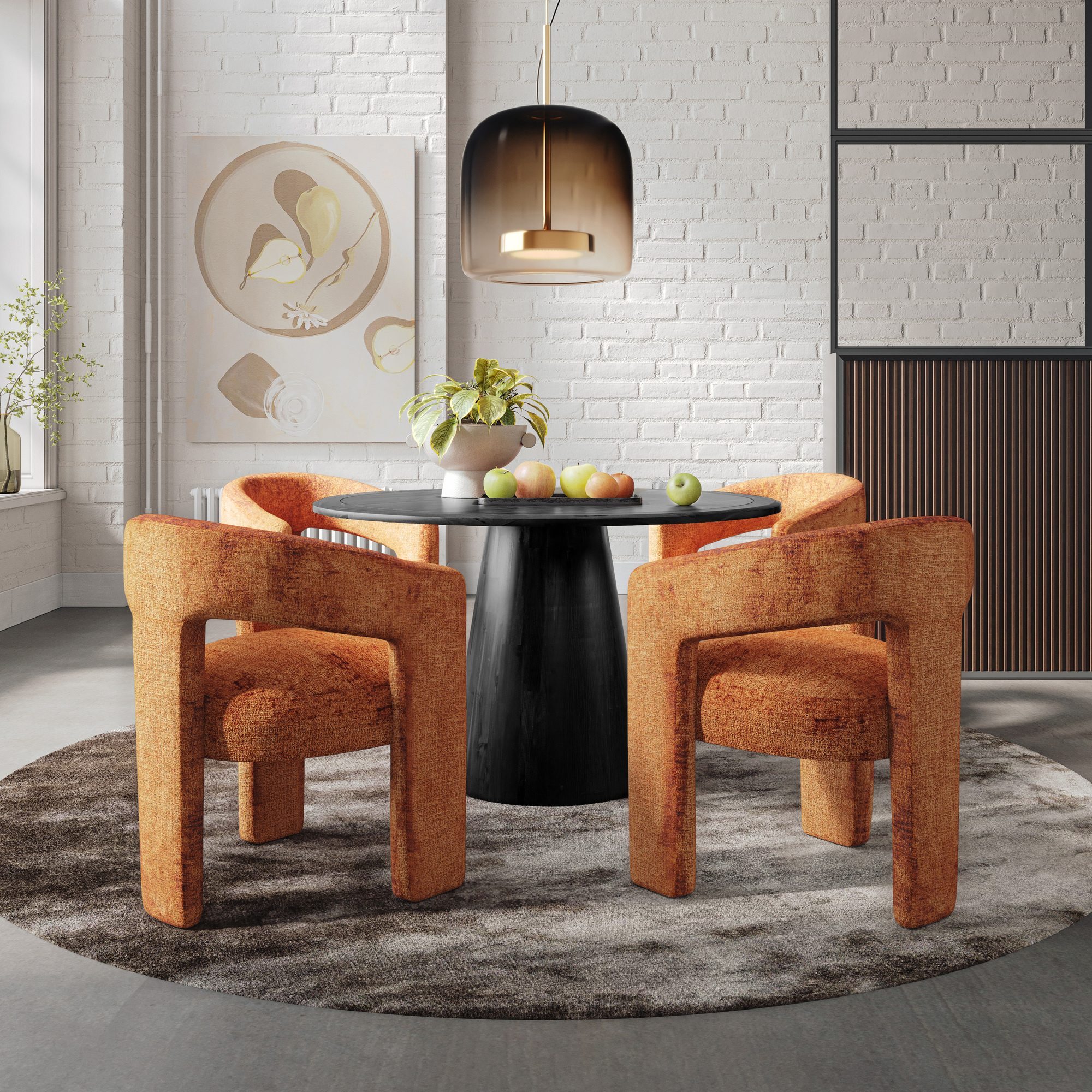 Schwarzer Tisch Avola mit vier zimtfarbenen Stühlen – Esszimmer-Arrangement