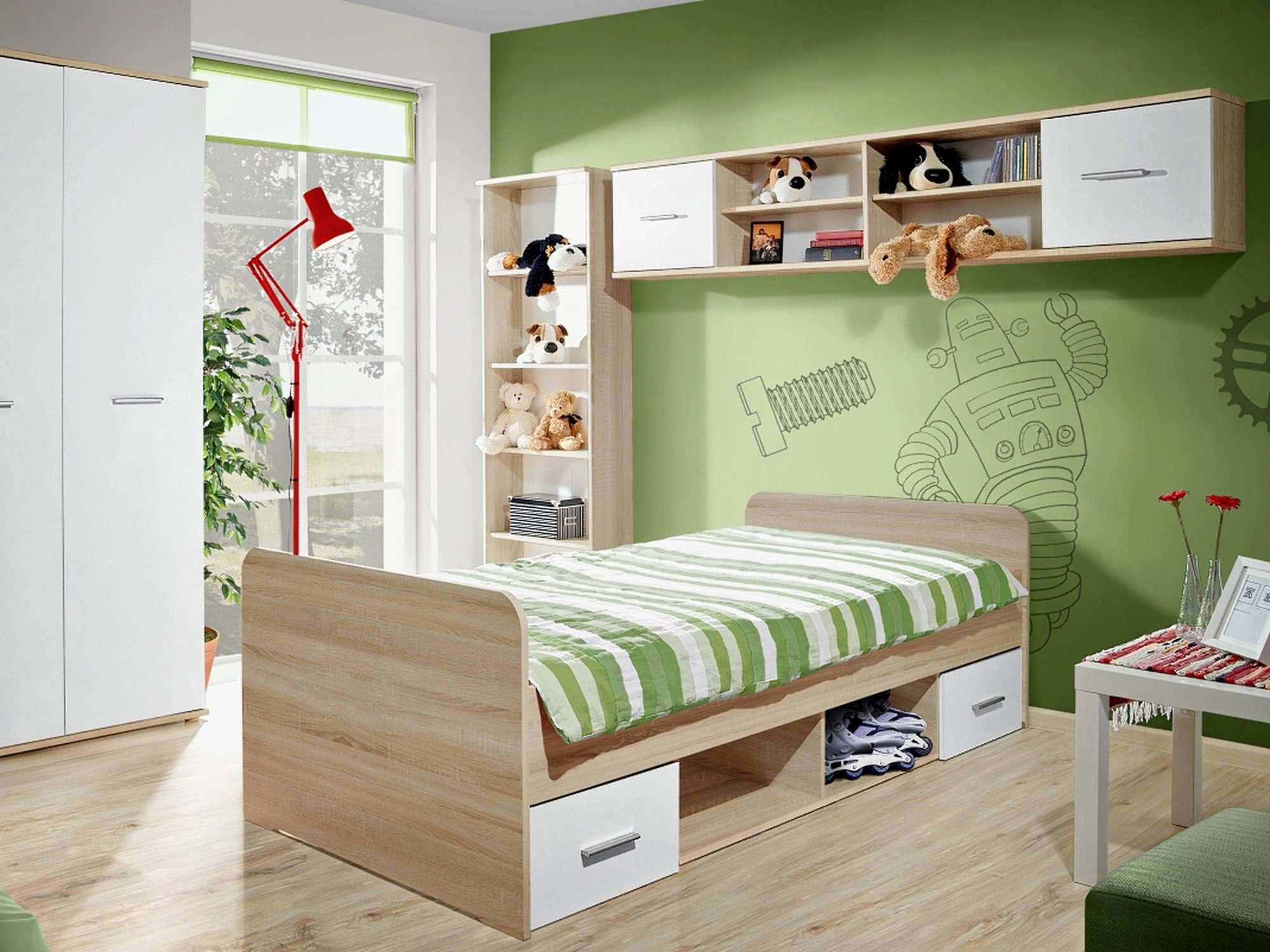 Dinvoro Jugendmöbel-Set mit 2-türigem Kleiderschrank, Bett und Regal im Wohnbereich