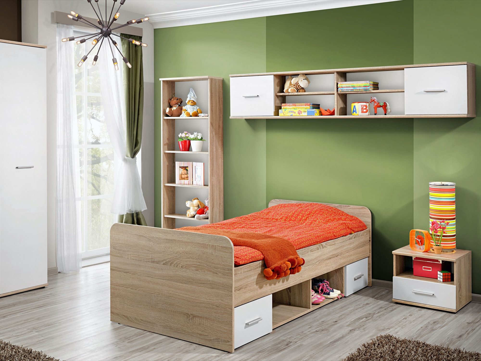 Dinvoro Jugendmöbel-Set mit zweitürigem Kleiderschrank, Bett und Nachttisch im Wohnzimmer arrangiert