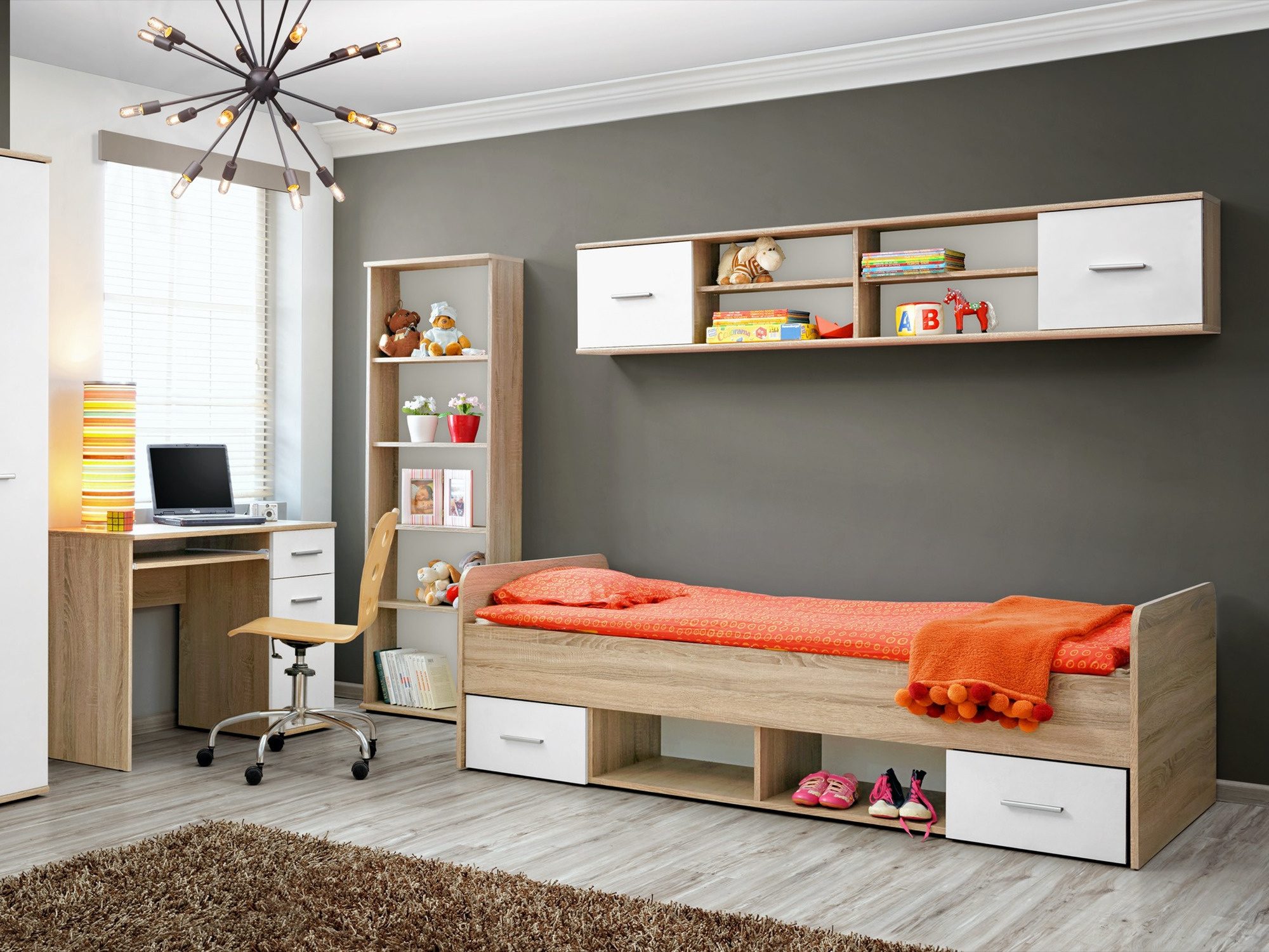 Dinvoro Jugendmöbel-Set mit Spiegelschrank, Bett und Schreibtisch im Wohnzimmer