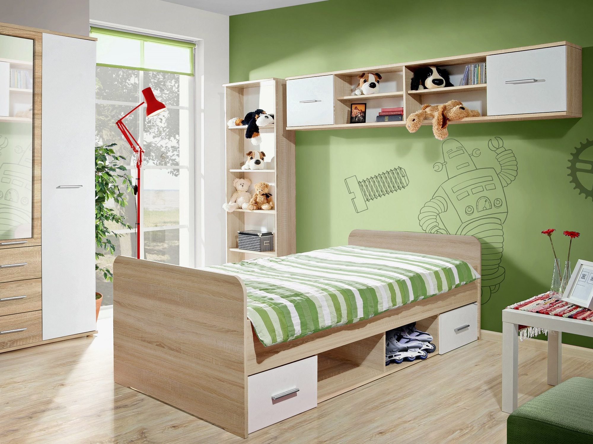 Jugendmöbel-Set Dinvoro mit Spiegelschrank, Bett und Regal im Wohnzimmer-Arrangement