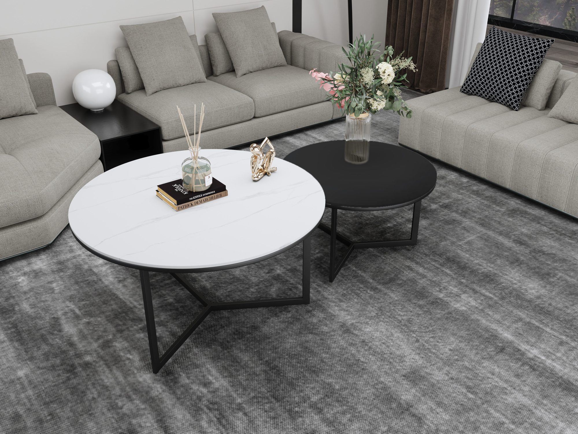 Virtus Couchtisch-Set mit weißer und schwarzer Platte im grauen Wohnzimmer
