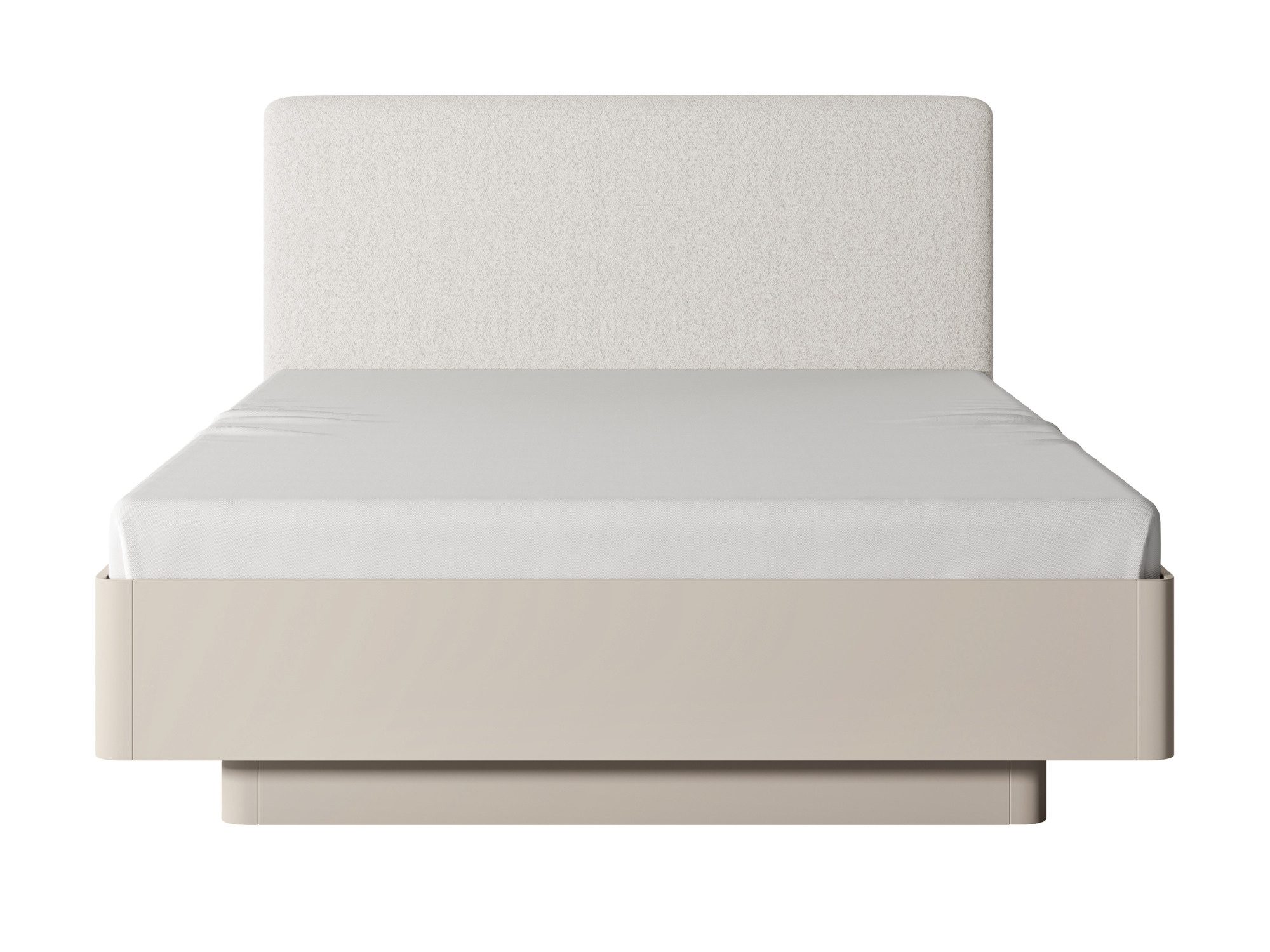 Bett Nesaro 160 cm Beige mit gepolstertem Kopfteil, Frontansicht vor weißem Hintergrund