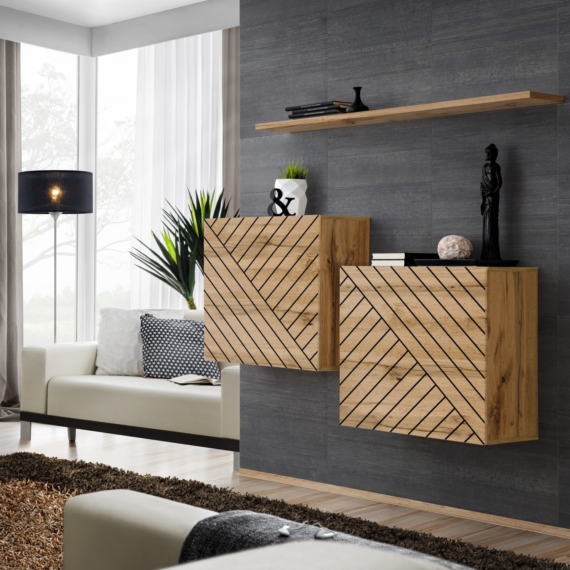 Hängeschrank-Set Kelmoro 130 cm mit geriffelten Fronten und Wandregal im Wohnzimmer